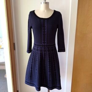 Nina Leonard Tribal Print 3/4 Sleeve Sweater Dress-Fit & Flare-Black & Navy-Sz M